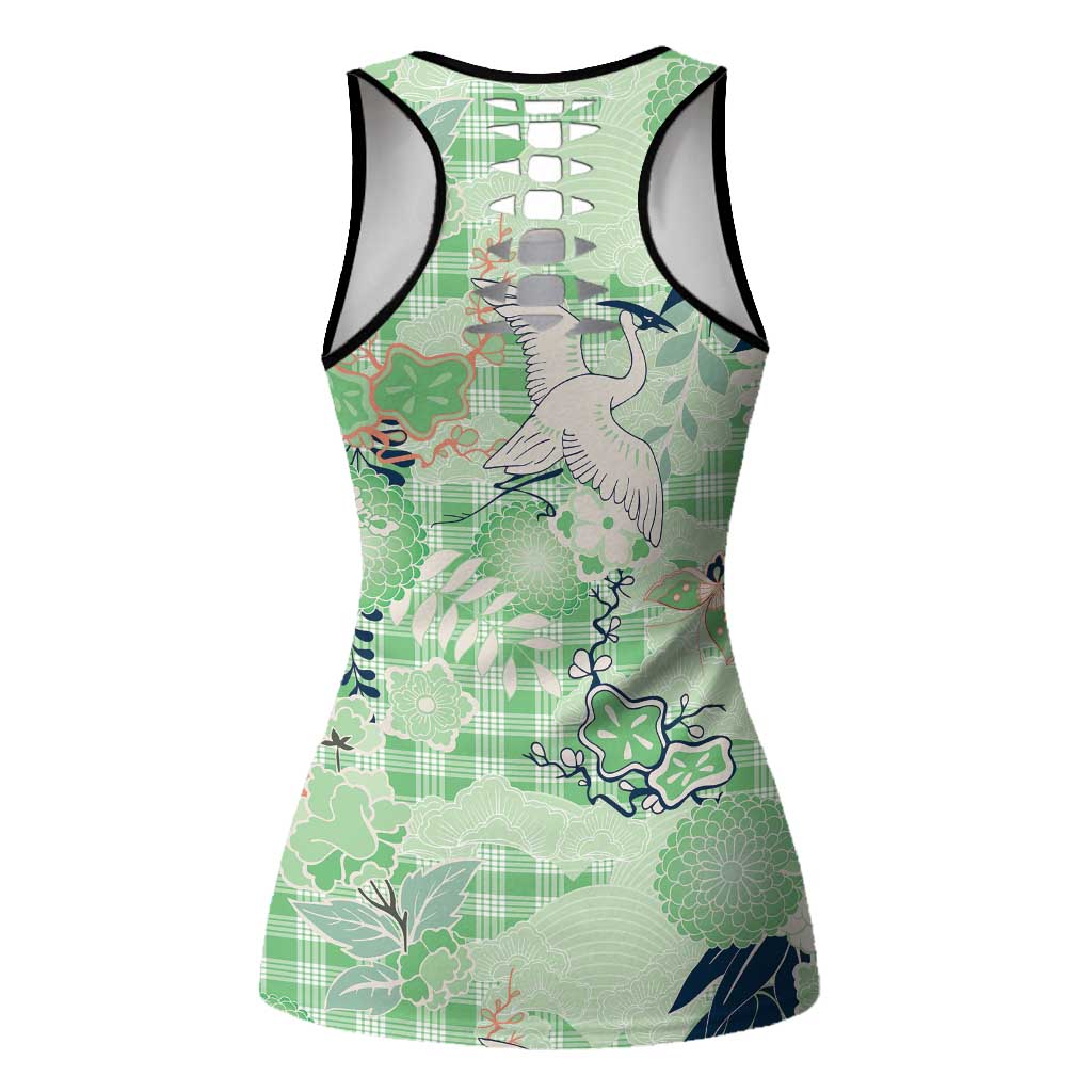 Green Palaka Crane and Flowers Hollow Tank Top Japan Heritage Spirit - Polynesian Pride