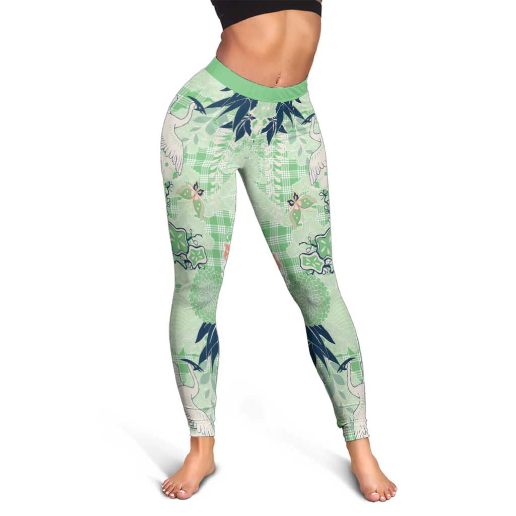 Green Palaka Crane and Flowers Leggings Japan Heritage Spirit - Polynesian Pride