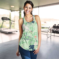 Green Palaka Crane and Flowers Women Racerback Tank Japan Heritage Spirit - Polynesian Pride