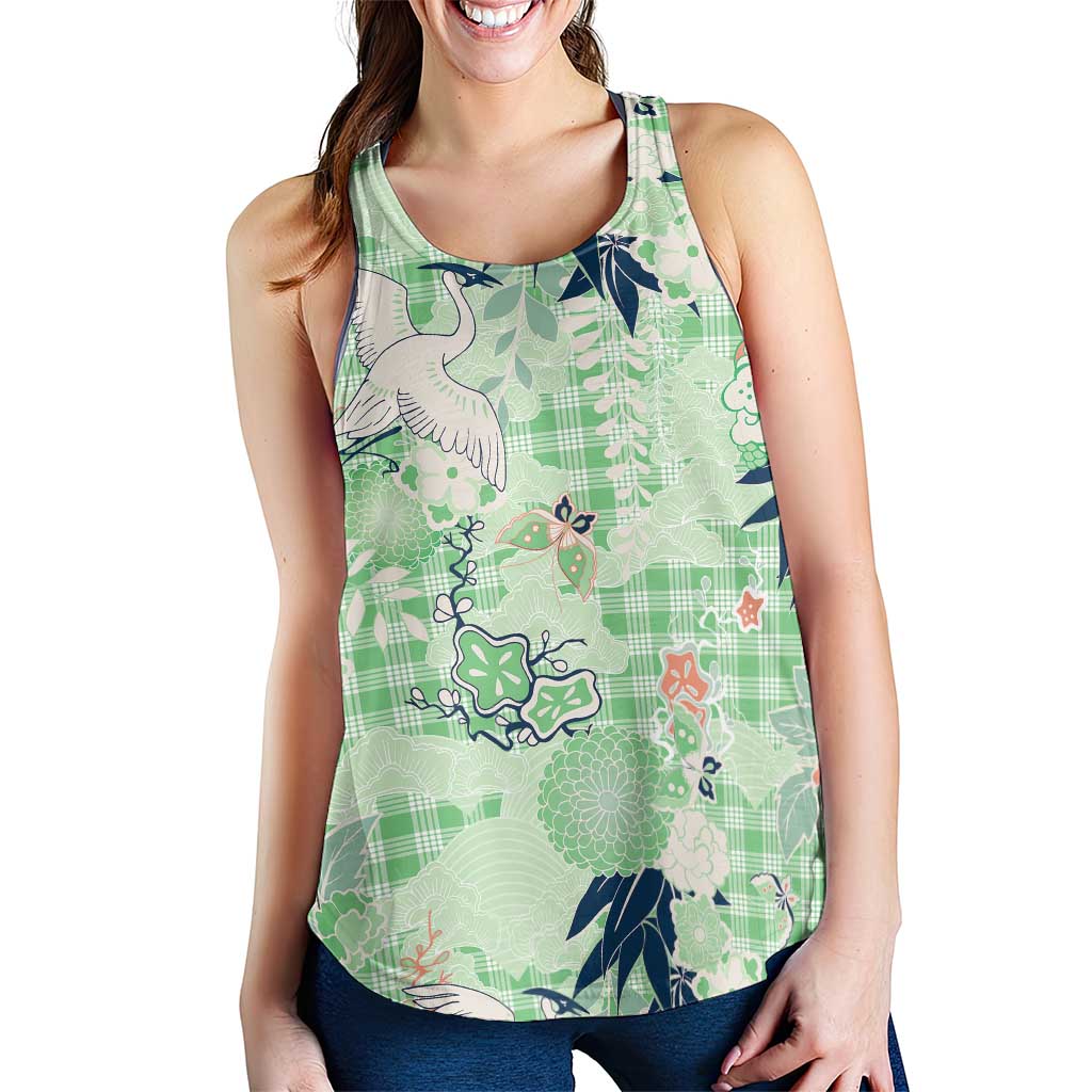 Green Palaka Crane and Flowers Women Racerback Tank Japan Heritage Spirit - Polynesian Pride