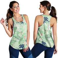 Green Palaka Crane and Flowers Women Racerback Tank Japan Heritage Spirit - Polynesian Pride