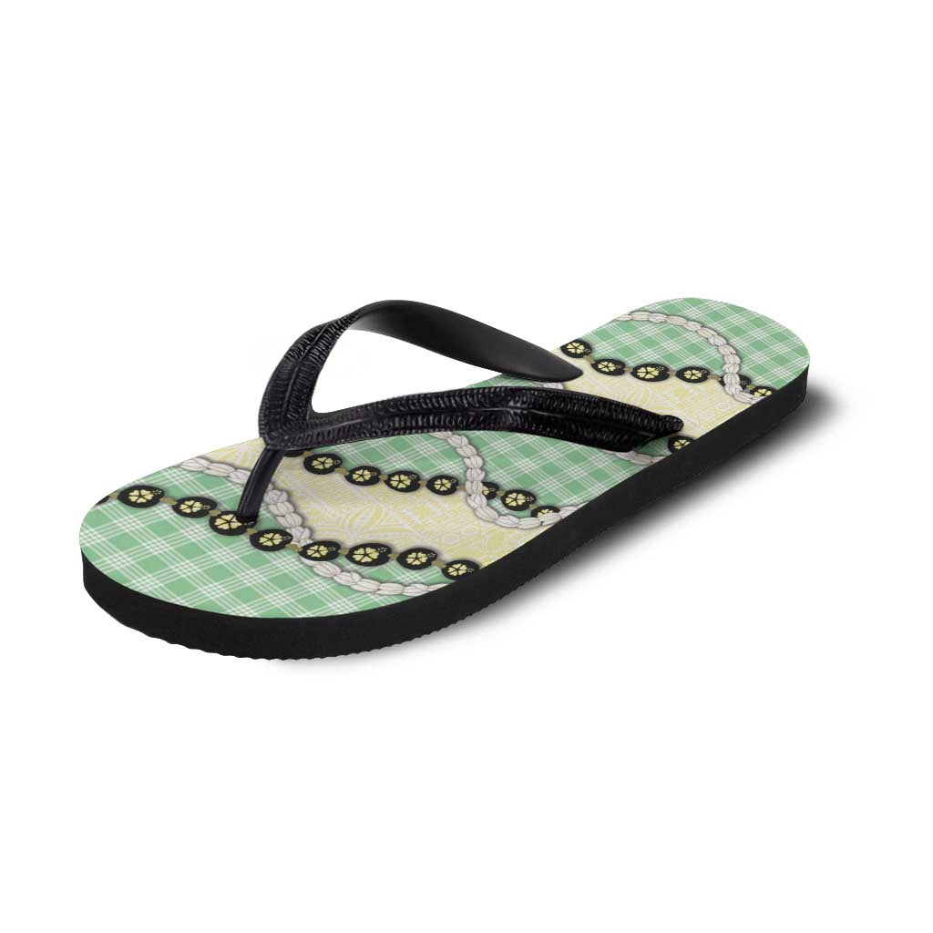 Green Palaka Hawaii Flip Flops Kukui Nut Pikake Lei Hawaiian Tapa Pattern - Polynesian Pride
