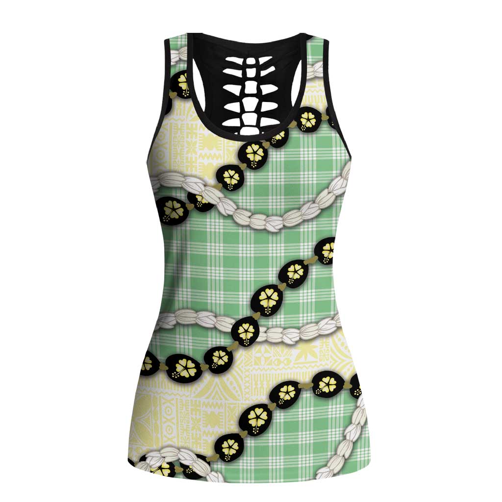 Green Palaka Hawaii Hollow Tank Top Kukui Nut Pikake Lei Hawaiian Tapa Pattern LT14 Female Green - Polynesian Pride