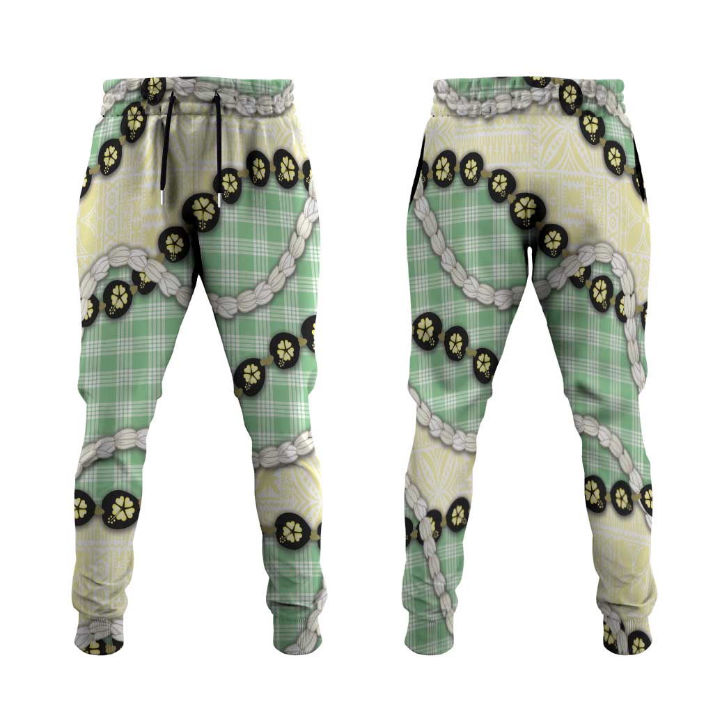 Green Palaka Hawaii Jogger Pants Kukui Nut Pikake Lei Hawaiian Tapa Pattern LT14 Green - Polynesian Pride