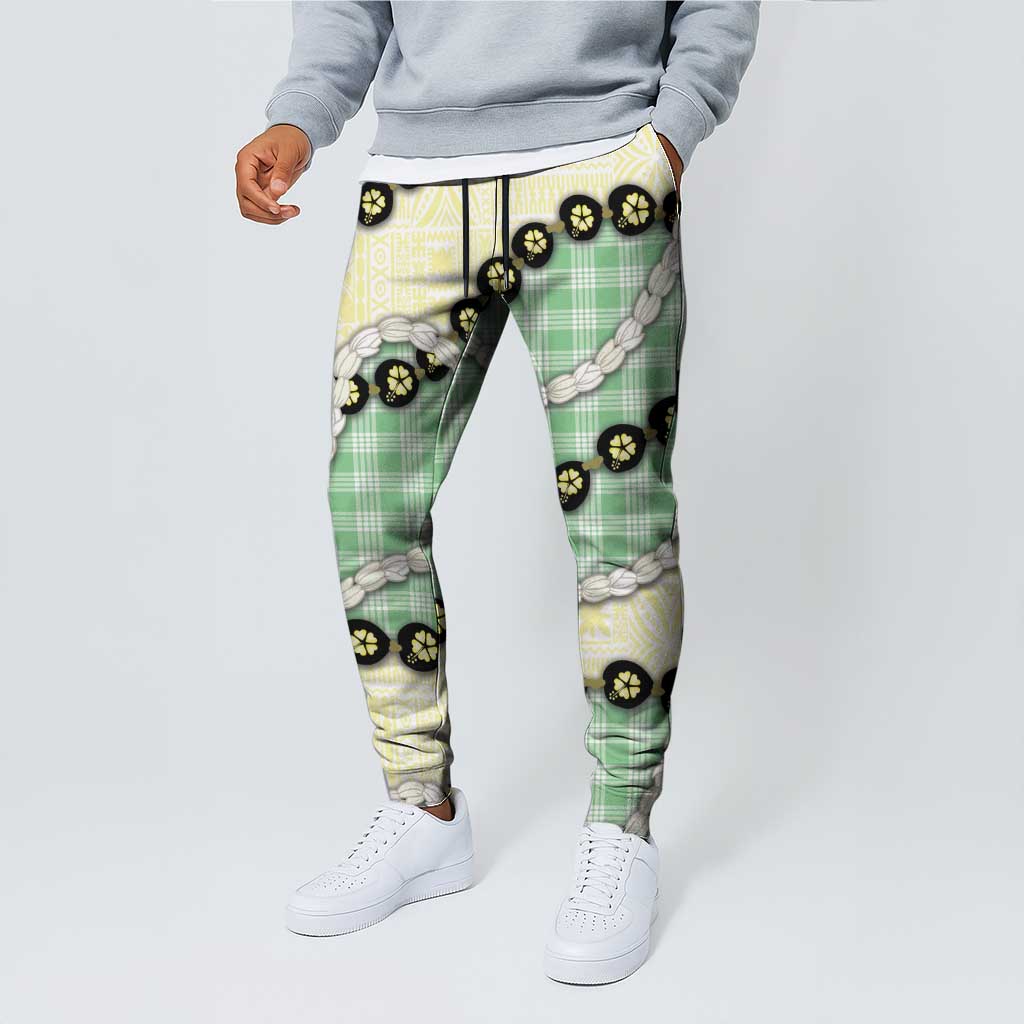 Green Palaka Hawaii Jogger Pants Kukui Nut Pikake Lei Hawaiian Tapa Pattern LT14 - Polynesian Pride