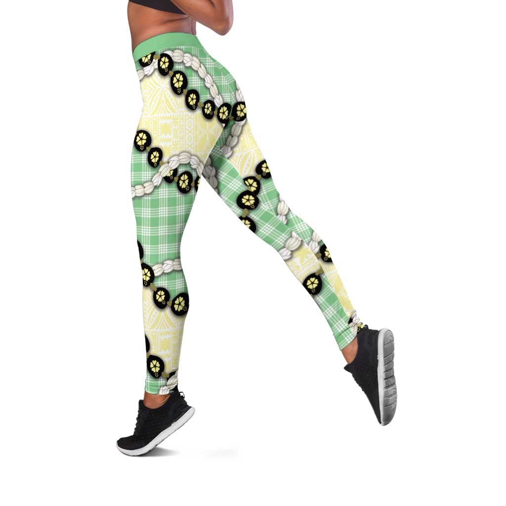 Green Palaka Hawaii Leggings Kukui Nut Pikake Lei Hawaiian Tapa Pattern LT14 Green - Polynesian Pride