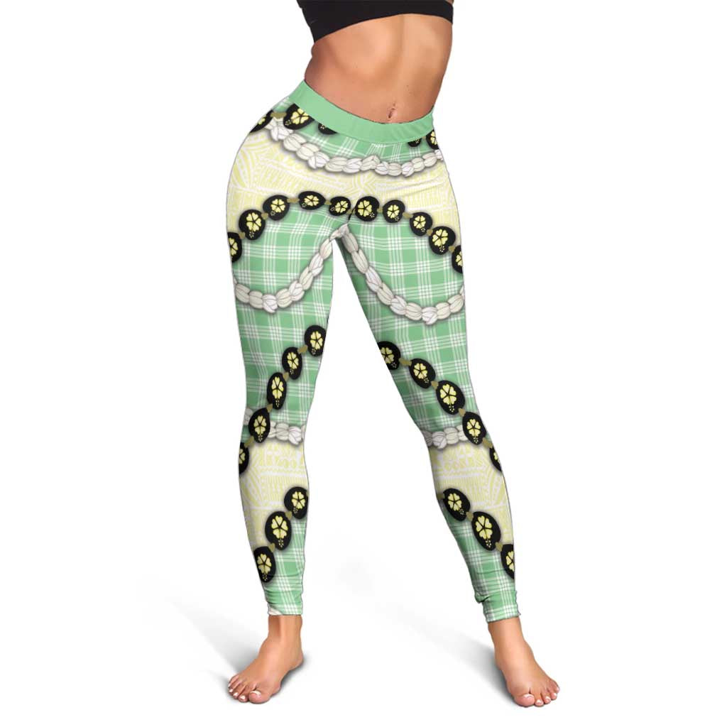 Green Palaka Hawaii Leggings Kukui Nut Pikake Lei Hawaiian Tapa Pattern LT14 - Polynesian Pride