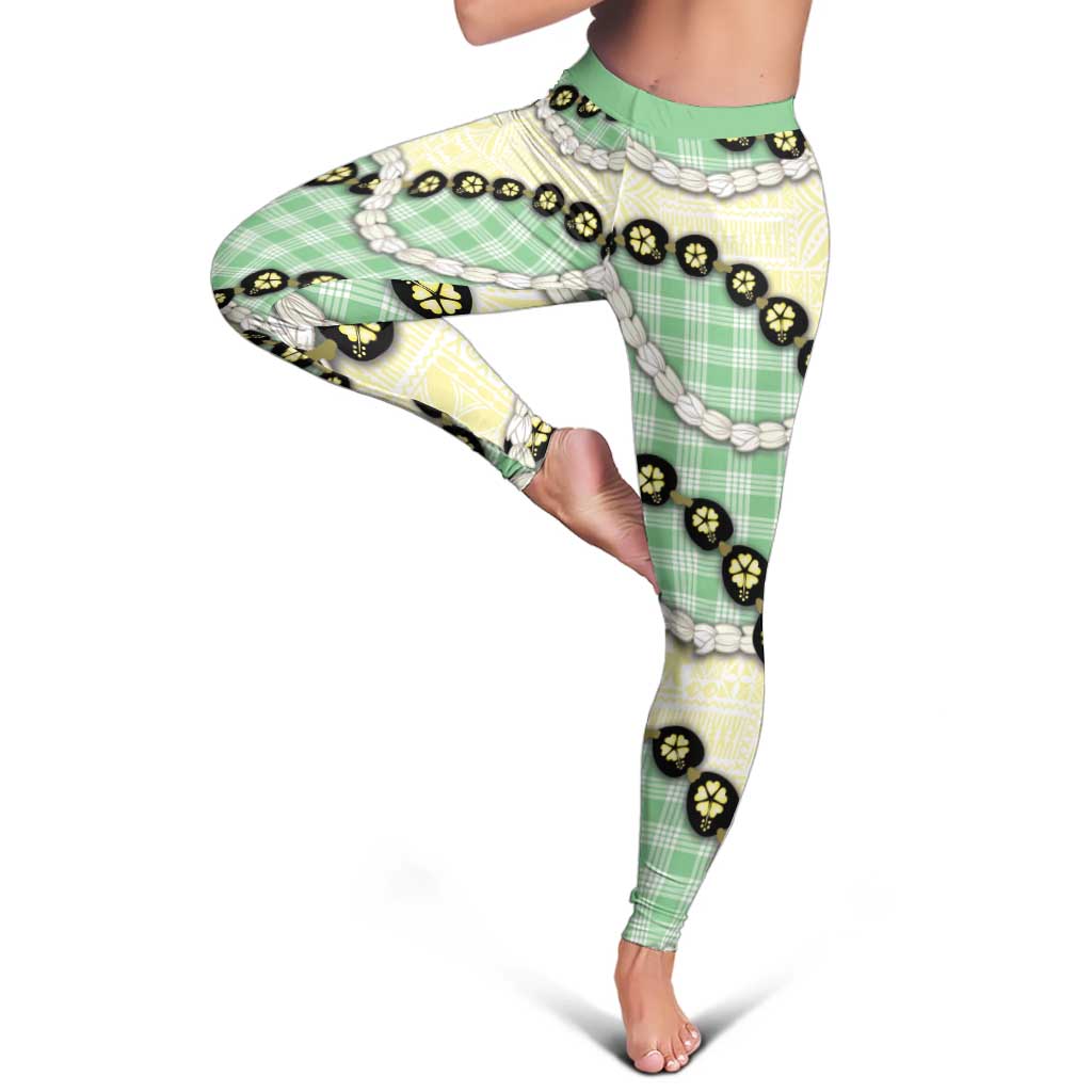 Green Palaka Hawaii Leggings Kukui Nut Pikake Lei Hawaiian Tapa Pattern LT14 - Polynesian Pride