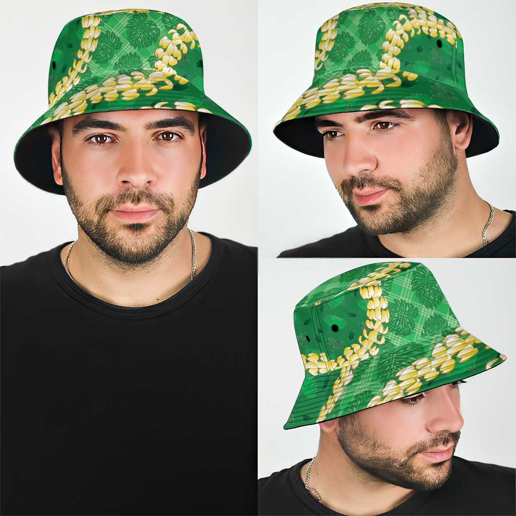 Green Palaka Hawaii Mele Kalikimaka Bucket Hat Ohia Lehua Monstera Puakenikeni Lei - Polynesian Pride
