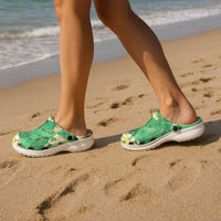 Green Palaka Hawaii Mele Kalikimaka Clogs Shoes Ohia Lehua Monstera Puakenikeni Lei - Polynesian Pride