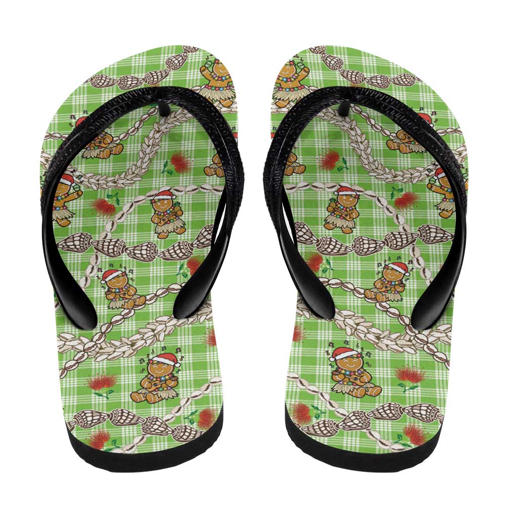 Green Palaka Hawaii Mele Kalikimaka Flip Flops Ohia Lehua Shell Leis Funny Gingerbread Santa - Polynesian Pride