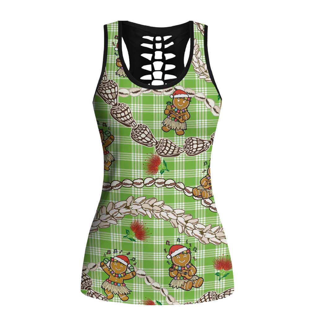Green Palaka Hawaii Mele Kalikimaka Hollow Tank Top Ohia Lehua Shell Leis Funny Gingerbread Santa LT14 Female Green - Polynesian Pride
