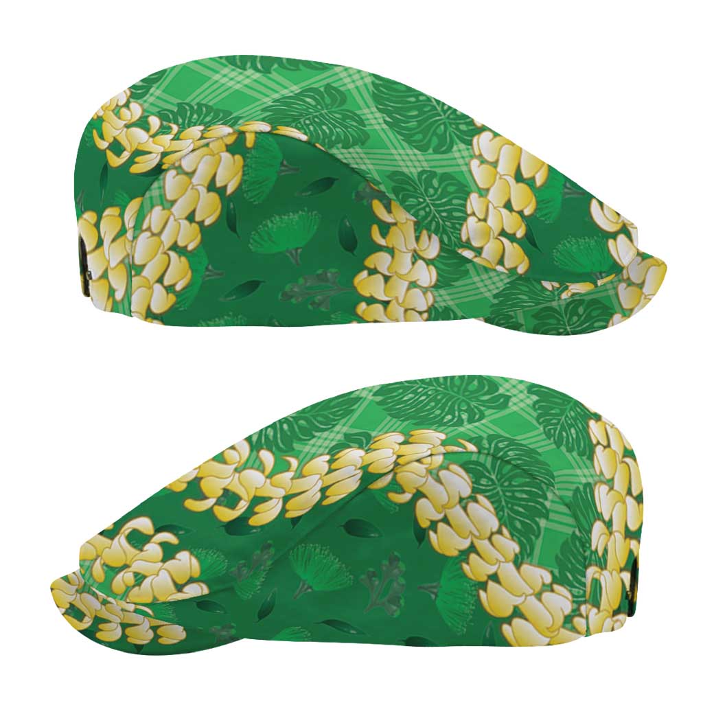 Green Palaka Hawaii Mele Kalikimaka Jeff Hat Ohia Lehua Monstera Puakenikeni Lei - Polynesian Pride