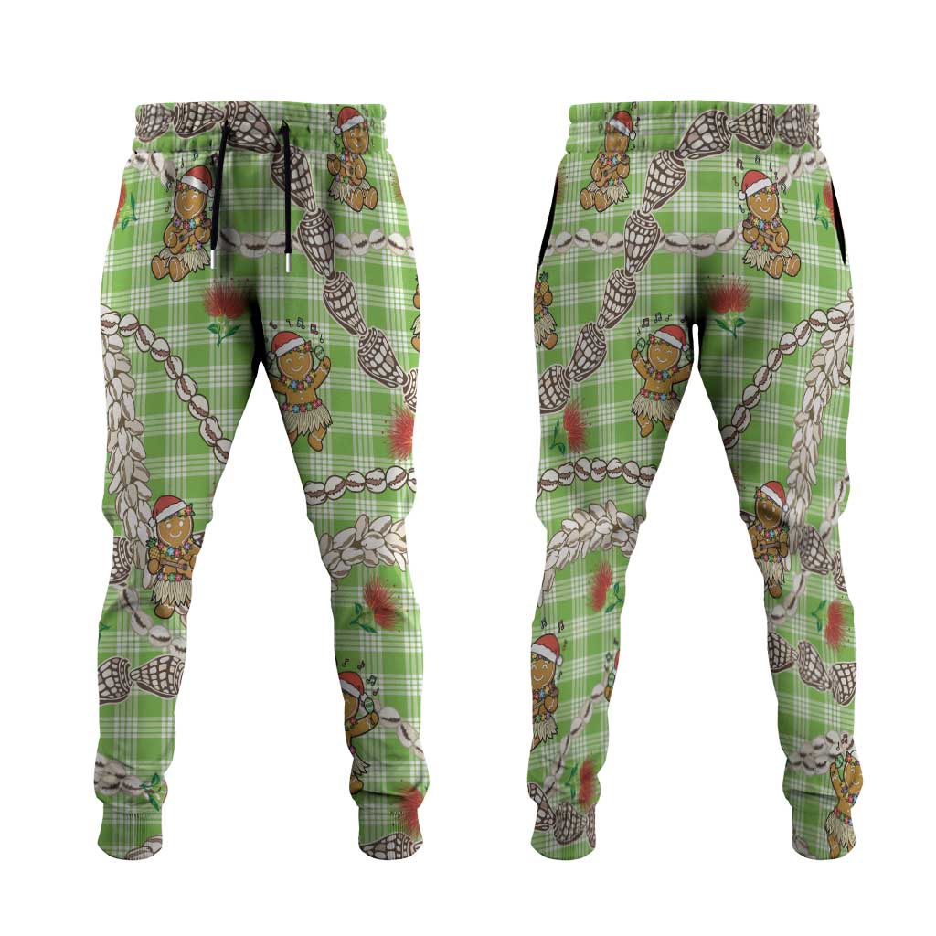 Green Palaka Hawaii Mele Kalikimaka Jogger Pants Ohia Lehua Shell Leis Funny Gingerbread Santa LT14 Green - Polynesian Pride