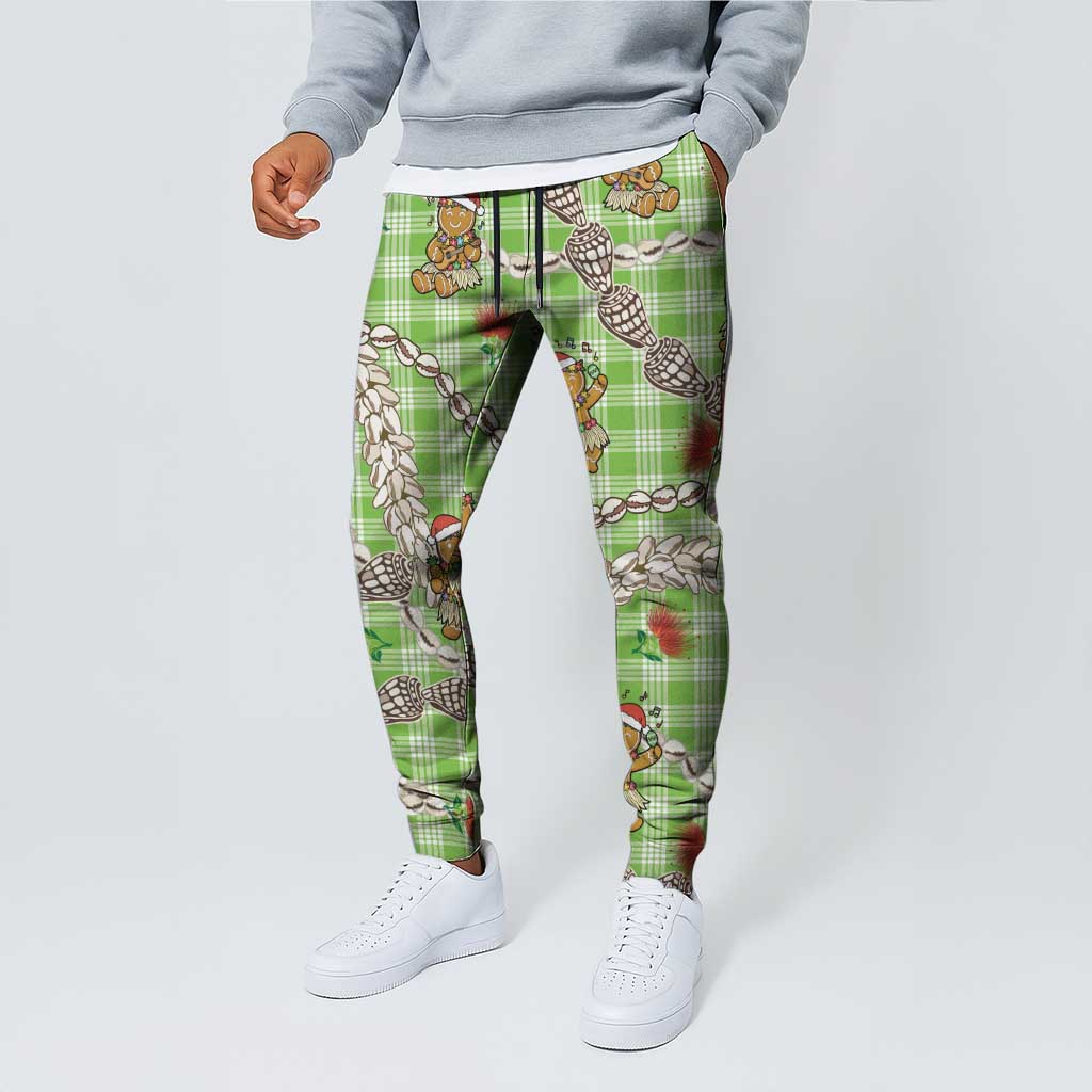 Green Palaka Hawaii Mele Kalikimaka Jogger Pants Ohia Lehua Shell Leis Funny Gingerbread Santa LT14 - Polynesian Pride