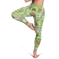 Green Palaka Hawaii Mele Kalikimaka Leggings Ohia Lehua Shell Leis Funny Gingerbread Santa - Polynesian Pride