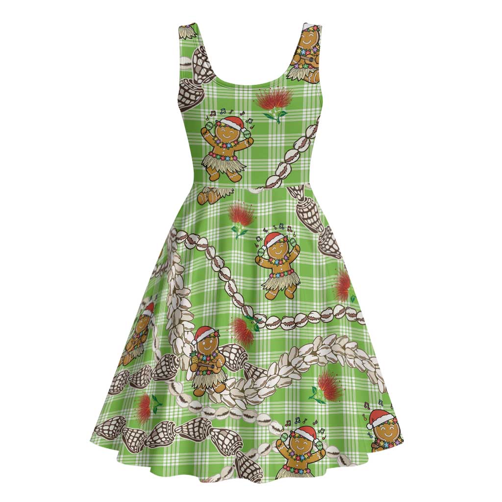Green Palaka Hawaii Mele Kalikimaka Midi Dress Ohia Lehua Shell Leis Funny Gingerbread Santa - Polynesian Pride