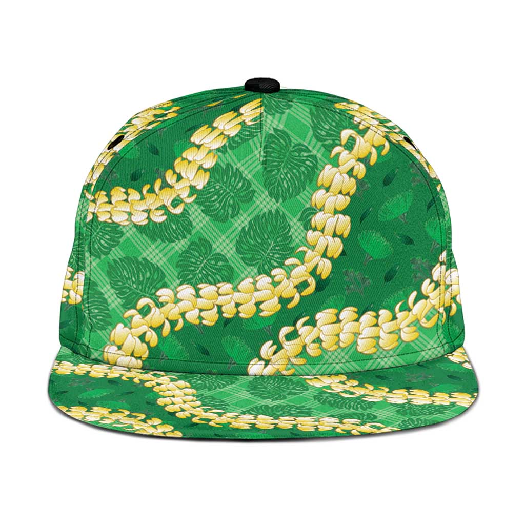 Green Palaka Hawaii Mele Kalikimaka Snapback Cap Ohia Lehua Monstera Puakenikeni Lei - Polynesian Pride