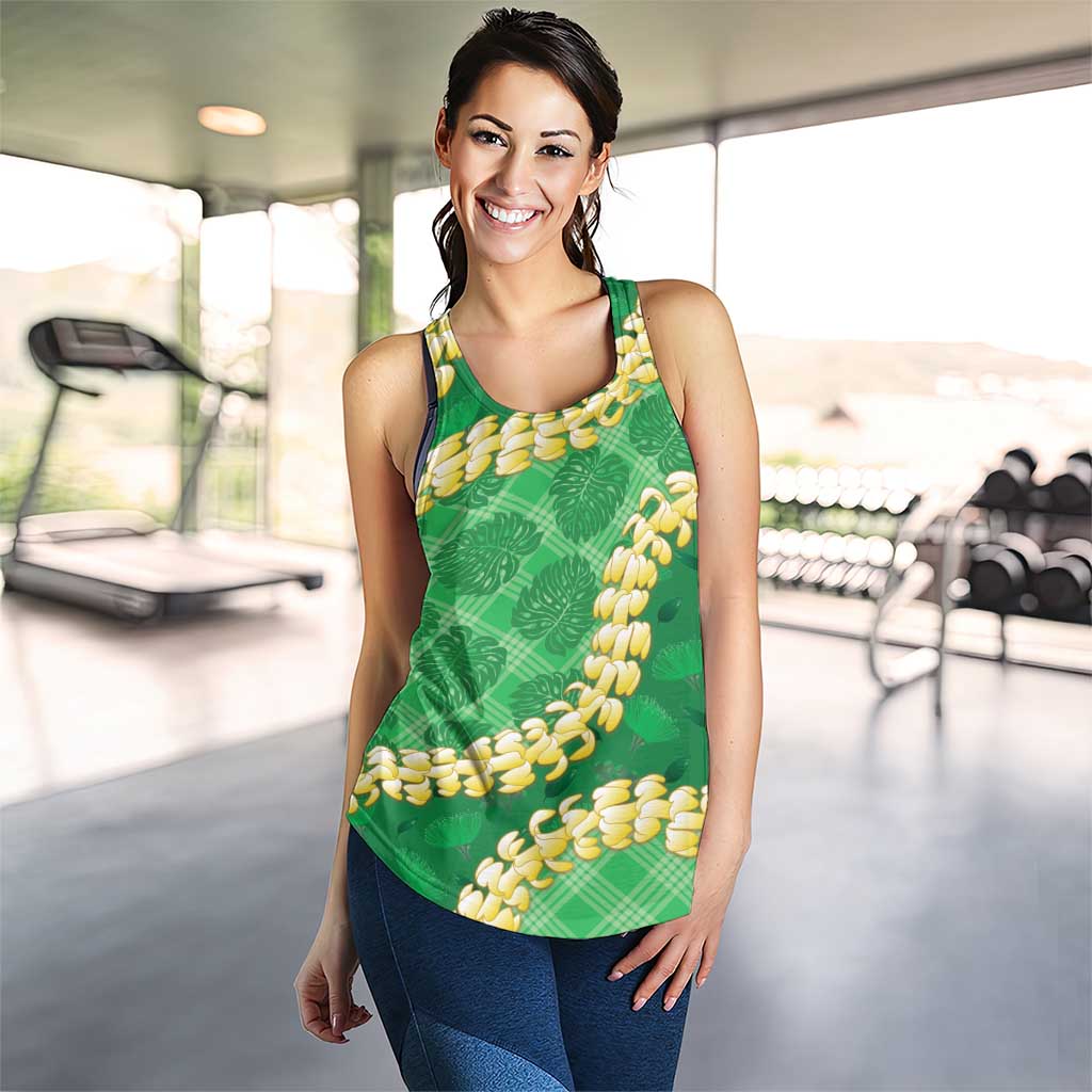 Green Palaka Hawaii Mele Kalikimaka Women Racerback Tank Ohia Lehua Monstera Puakenikeni Lei - Polynesian Pride