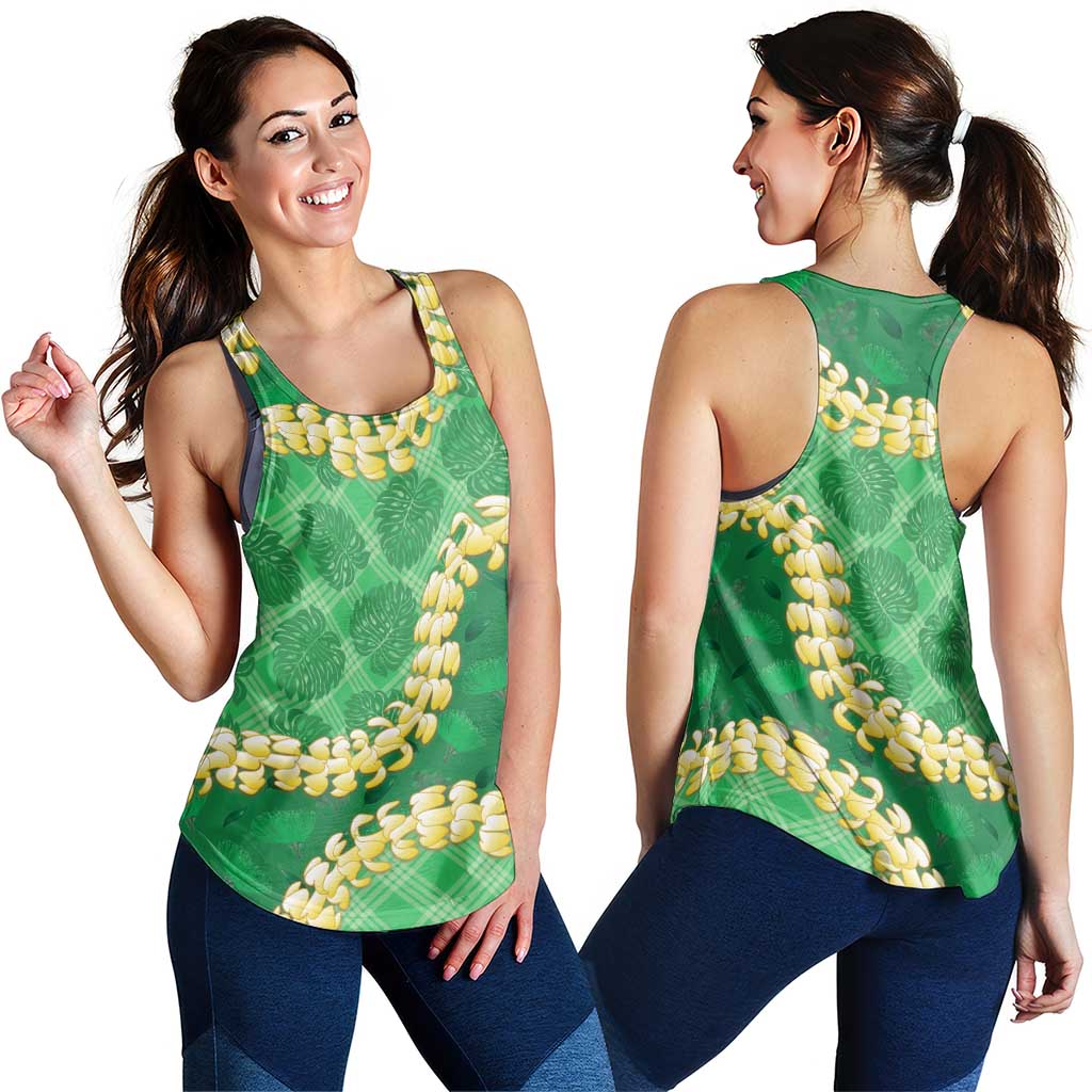 Green Palaka Hawaii Mele Kalikimaka Women Racerback Tank Ohia Lehua Monstera Puakenikeni Lei - Polynesian Pride
