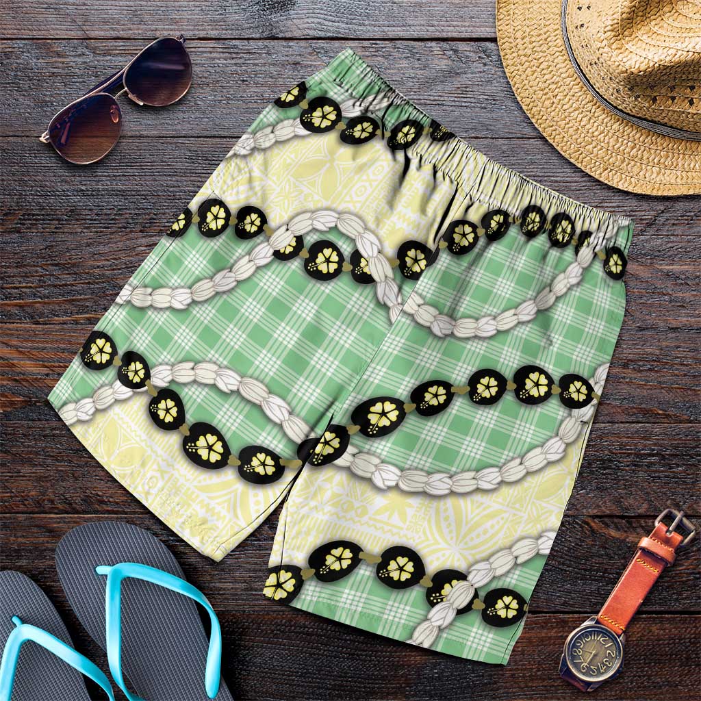 Green Palaka Hawaii Shorts for Men Kukui Nut Pikake Lei Hawaiian Tapa Pattern LT14 Green - Polynesian Pride