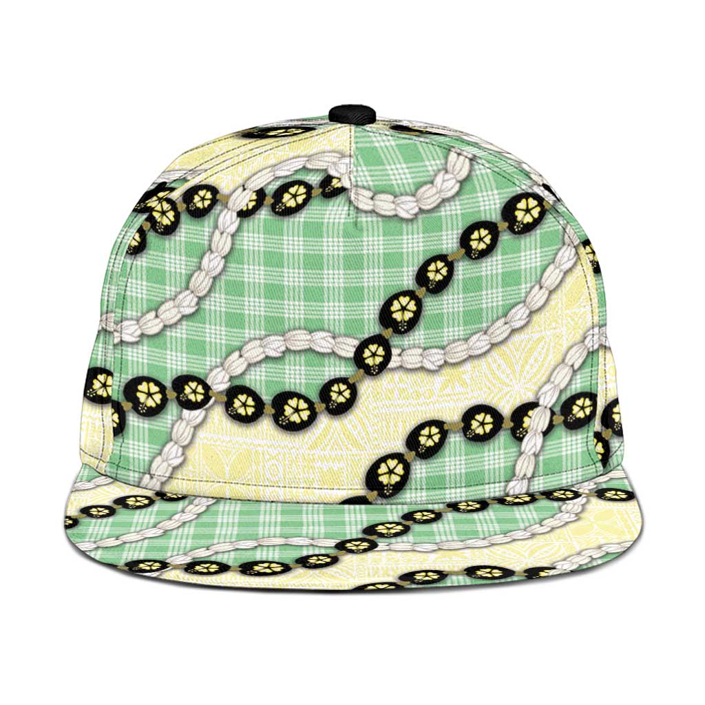 Green Palaka Hawaii Snapback Cap Kukui Nut Pikake Lei Hawaiian Tapa Pattern - Polynesian Pride