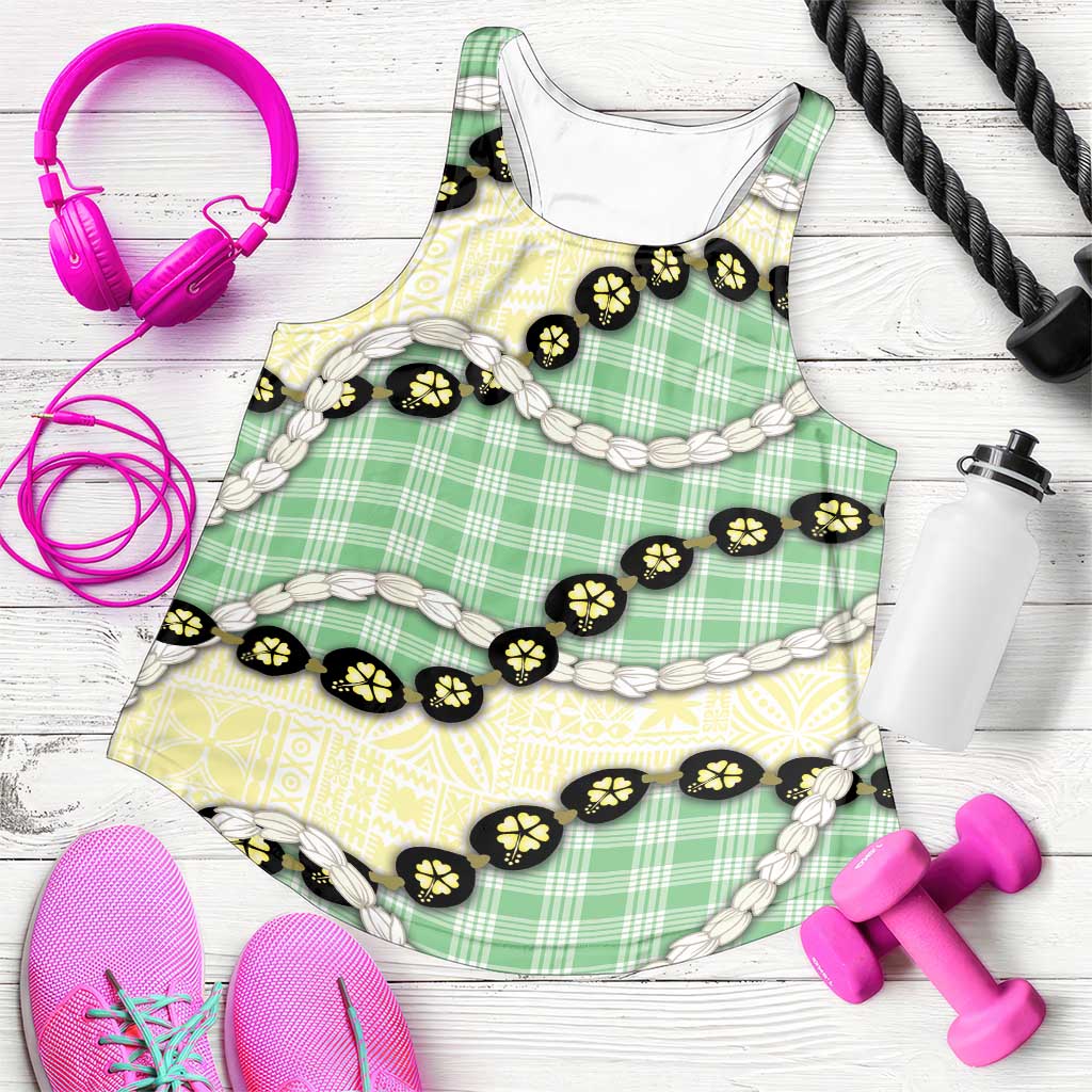 Green Palaka Hawaii Women Racerback Tank Kukui Nut Pikake Lei Hawaiian Tapa Pattern LT14 Green - Polynesian Pride