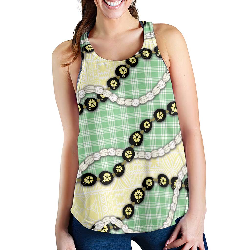 Green Palaka Hawaii Women Racerback Tank Kukui Nut Pikake Lei Hawaiian Tapa Pattern LT14 - Polynesian Pride