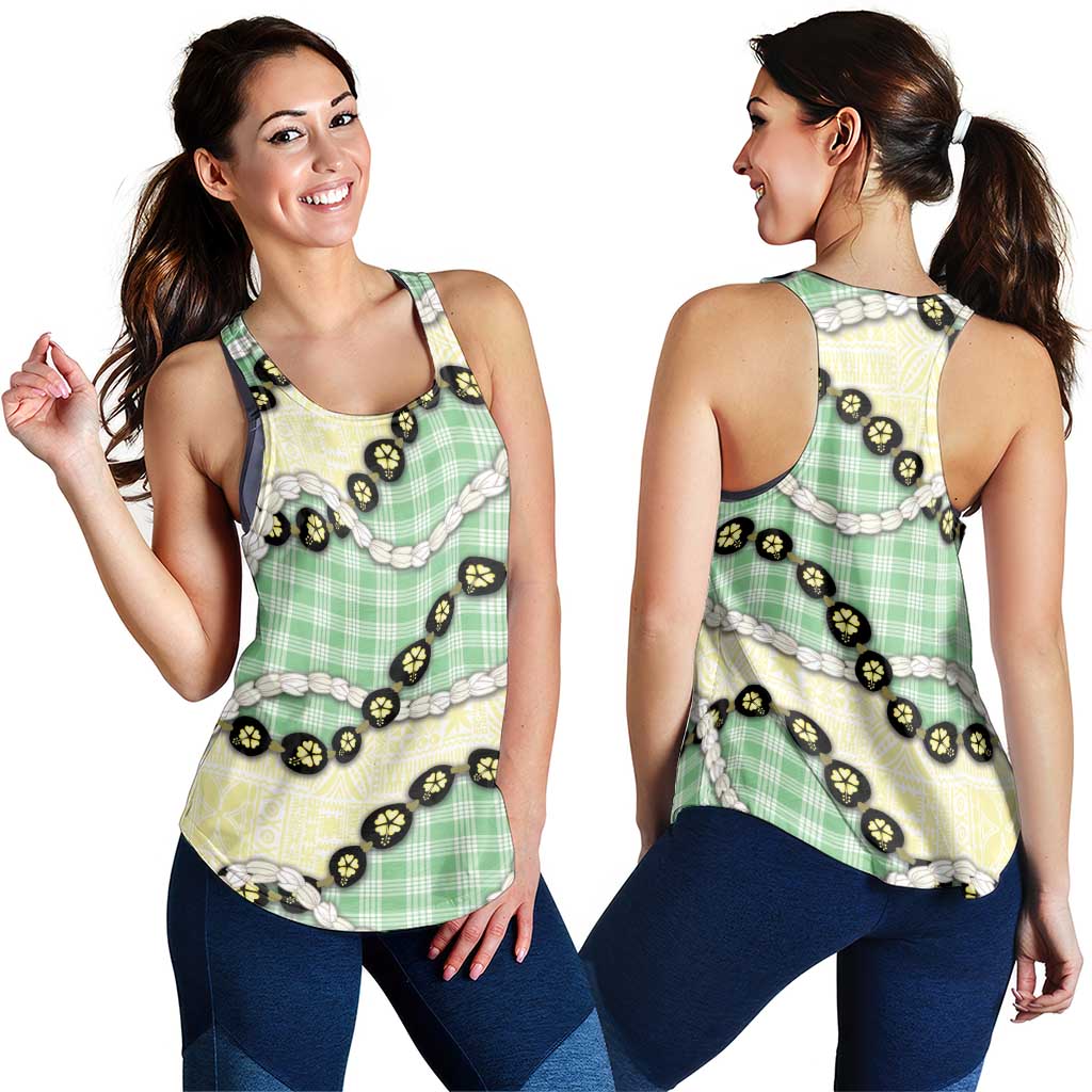 Green Palaka Hawaii Women Racerback Tank Kukui Nut Pikake Lei Hawaiian Tapa Pattern LT14 - Polynesian Pride