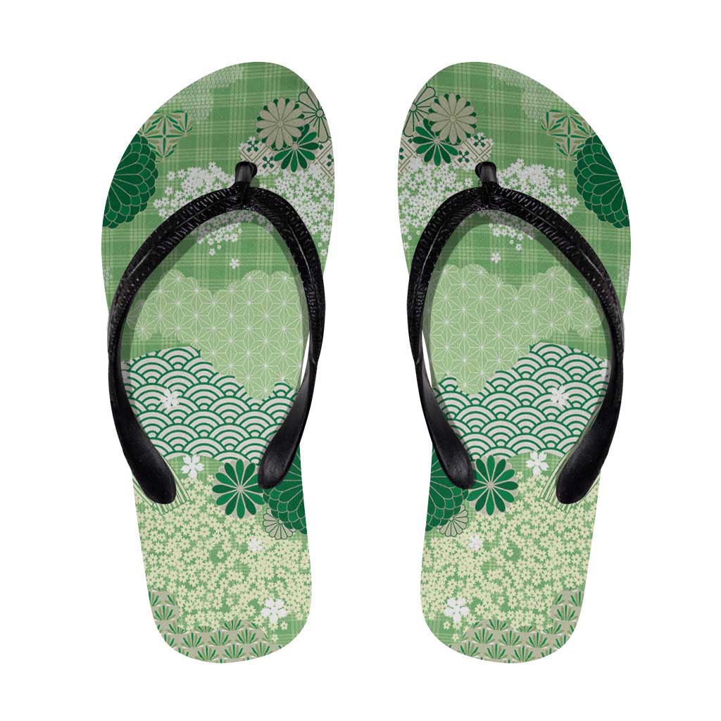 Green Palaka Japanese Traditional Flip Flops Asanoha Seigaiha Sakura Motif - Polynesian Pride