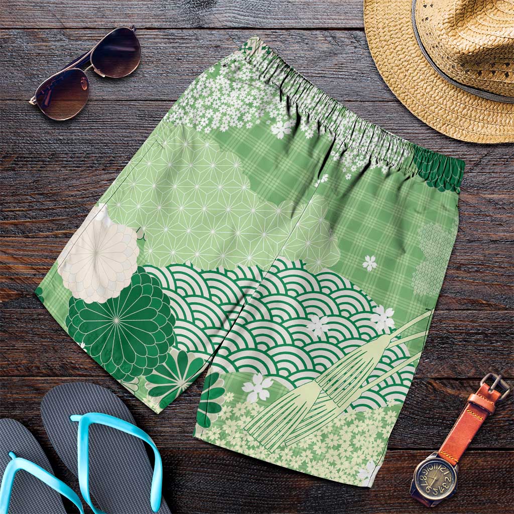 Green Palaka Japanese Traditional Shorts for Men Asanoha Seigaiha Sakura Motif LT14 Green - Polynesian Pride
