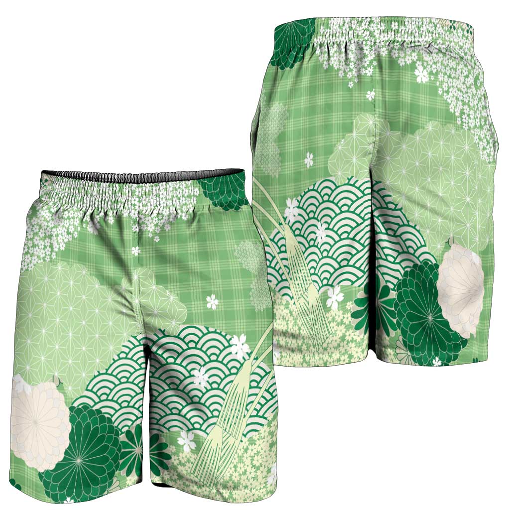 Green Palaka Japanese Traditional Shorts for Men Asanoha Seigaiha Sakura Motif LT14 - Polynesian Pride