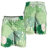 Green Palaka Japanese Traditional Shorts for Men Asanoha Seigaiha Sakura Motif LT14 - Polynesian Pride