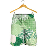 Green Palaka Japanese Traditional Shorts for Men Asanoha Seigaiha Sakura Motif LT14 - Polynesian Pride