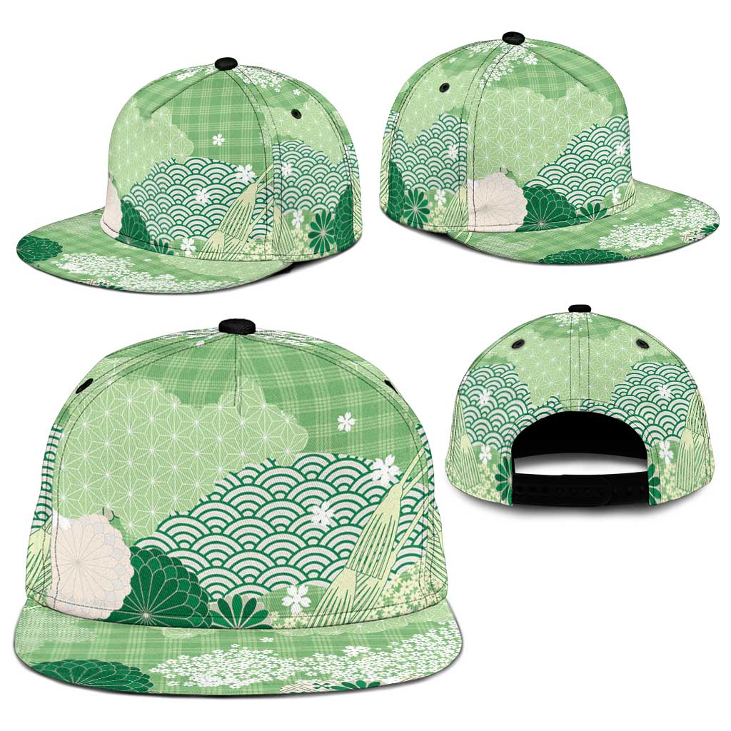 Green Palaka Japanese Traditional Snapback Cap Asanoha Seigaiha Sakura Motif - Polynesian Pride