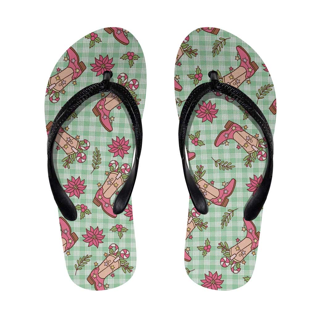 Green Paniolo Palaka Hawaiian Cowgirl Christmas Flip Flops - Polynesian Pride