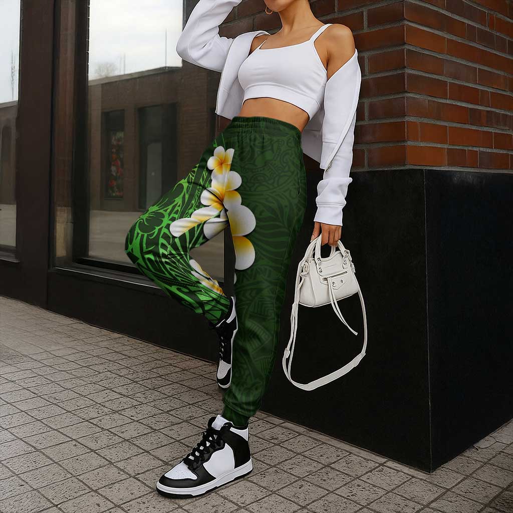 Green Polynesia Jogger Pants Plumeria Tropical Leaves With Galaxy Polynesian Art - Polynesian Pride