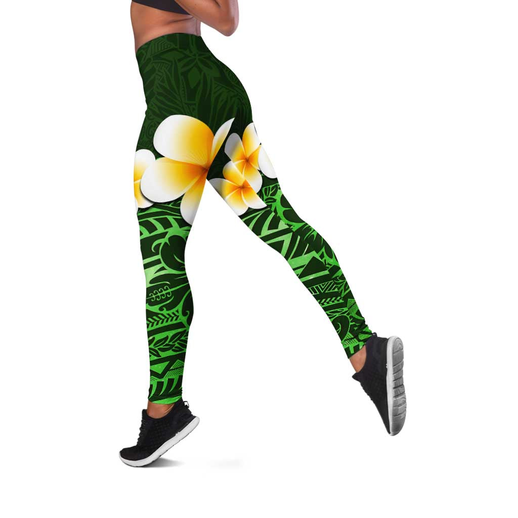 Green Polynesia Leggings Plumeria Tropical Leaves With Galaxy Polynesian Art - Polynesian Pride