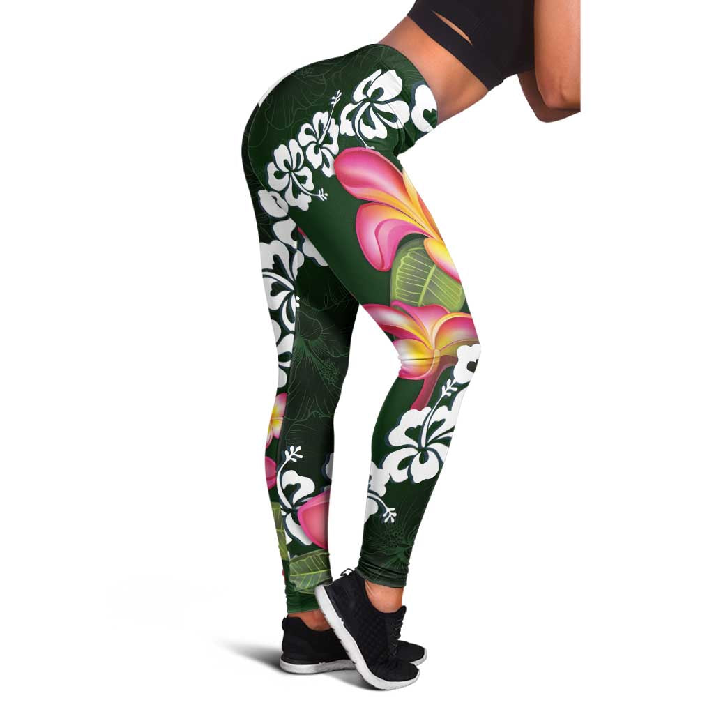 Green Polynesia Leggings Plumeria With Hibiscus Pattern Tropical Vibes - Polynesian Pride