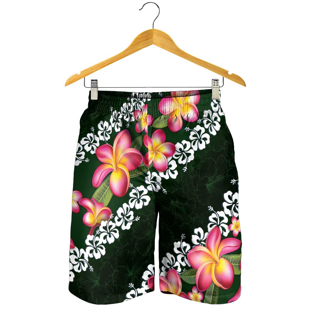 Green Polynesia Shorts for Men Plumeria With Hibiscus Pattern Tropical Vibes LT14 - Polynesian Pride
