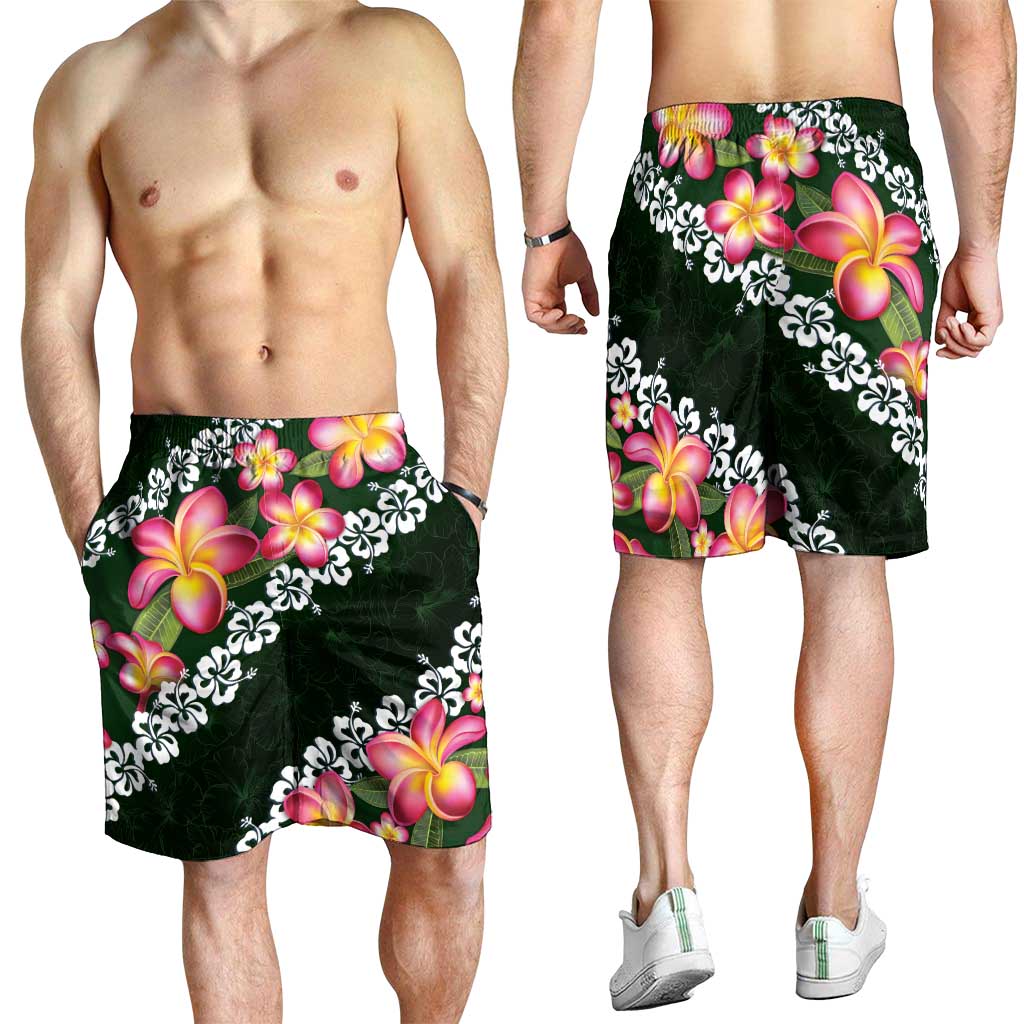 Green Polynesia Shorts for Men Plumeria With Hibiscus Pattern Tropical Vibes LT14 - Polynesian Pride