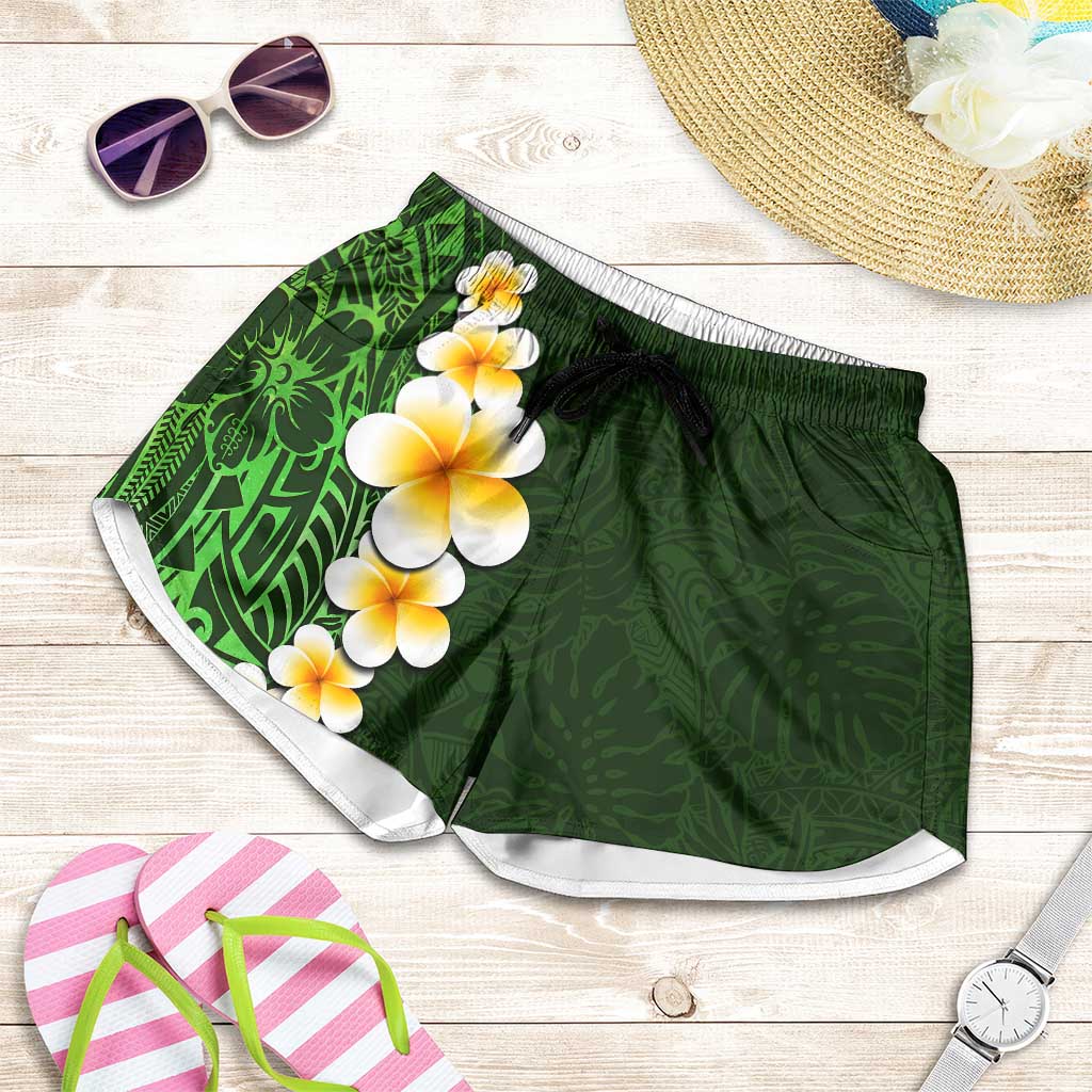 Green Polynesia Shorts for Women Plumeria Tropical Leaves With Galaxy Polynesian Art - Polynesian Pride