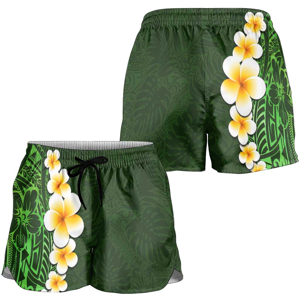 Green Polynesia Shorts for Women Plumeria Tropical Leaves With Galaxy Polynesian Art LT14 - Polynesian Pride
