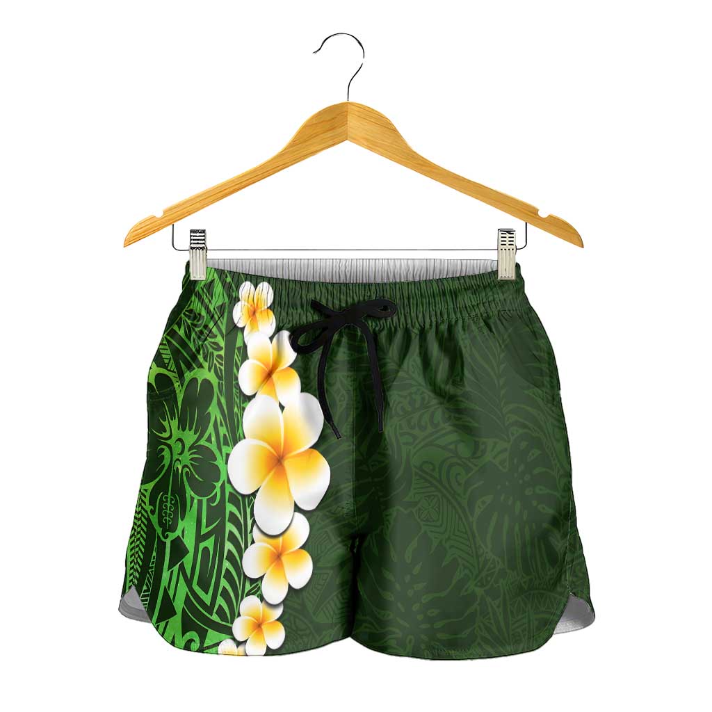 Green Polynesia Shorts for Women Plumeria Tropical Leaves With Galaxy Polynesian Art LT14 - Polynesian Pride