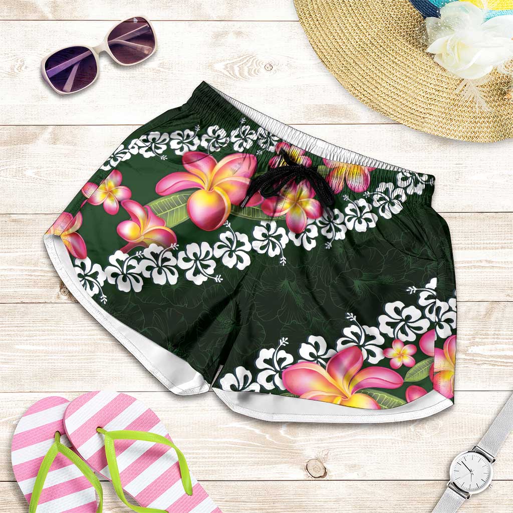 Green Polynesia Shorts for Women Plumeria With Hibiscus Pattern Tropical Vibes LT14 Green - Polynesian Pride