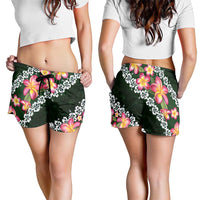 Green Polynesia Shorts for Women Plumeria With Hibiscus Pattern Tropical Vibes LT14 - Polynesian Pride
