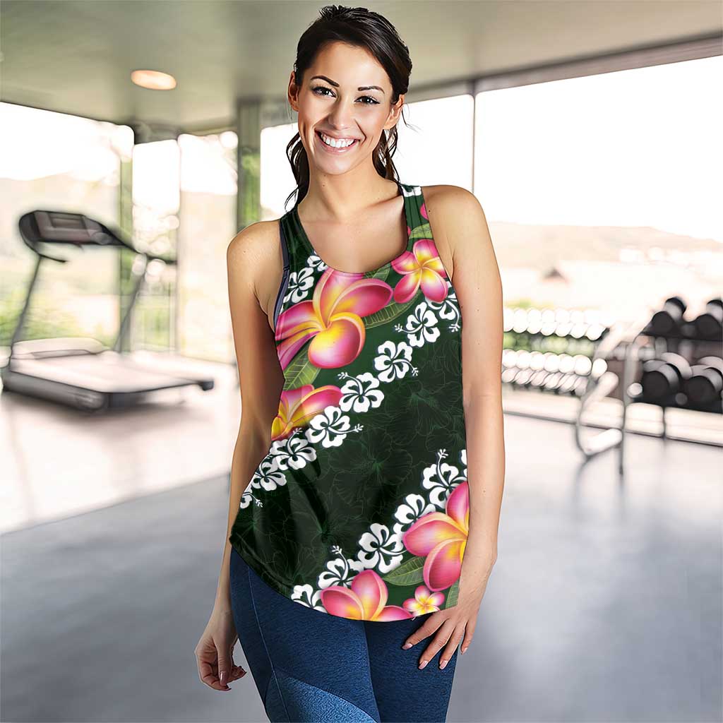 Green Polynesia Women Racerback Tank Plumeria With Hibiscus Pattern Tropical Vibes - Polynesian Pride
