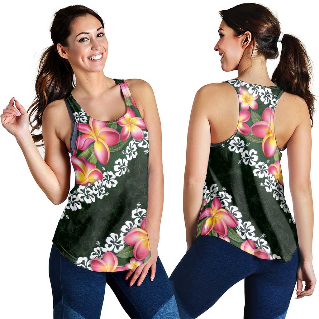 Green Polynesia Women Racerback Tank Plumeria With Hibiscus Pattern Tropical Vibes - Polynesian Pride