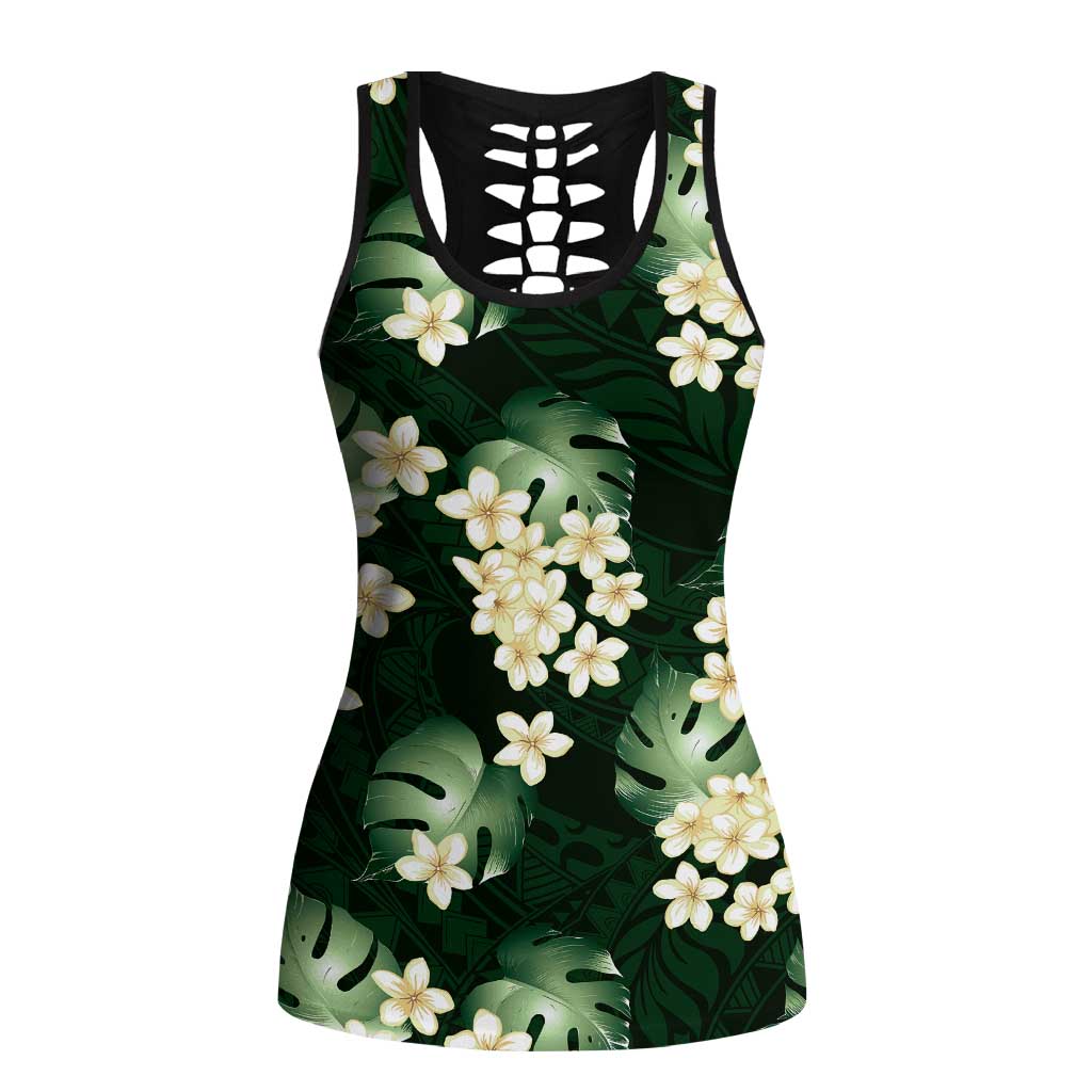 Green Tropical Hawaii Hollow Tank Top Seamless Monstera Plumeria Hawaiian Pattern - Polynesian Pride