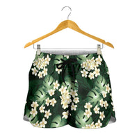 Green Tropical Hawaii Shorts for Women Seamless Monstera Plumeria Hawaiian Pattern - Polynesian Pride